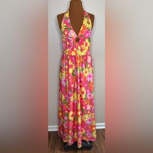 Smak Parlour Floral Halter Maxi Dress Pink Orange Size XL